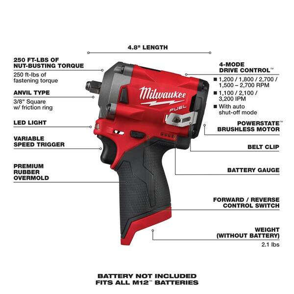 Milwaukee 255720256020255420 M12 Fuel 12-Volt Lithium-Ion Brushless Cordless 3/8 in. Impact Wrench and 3/8 in. Ratchets Combo Kit (Tool-Only Kit)