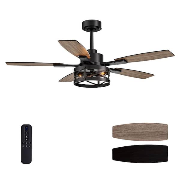 52 in. Indoor Black Layered Caged Downrod Ceiling Fan with Light Kit, Five Reversible Blades and Remote Included