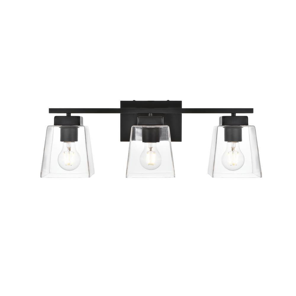 Simply Living 23 in. 3-Light Modern Black Vanity Light with Clear Bell Shad