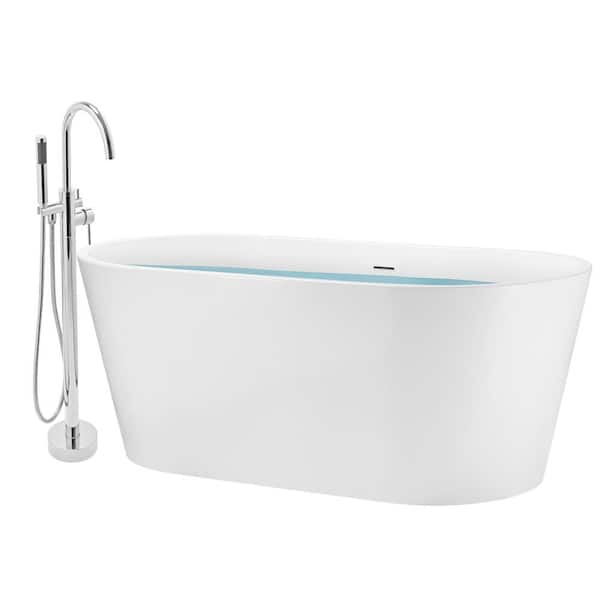AKDY 53.9 in. Fiberglass Flatbottom Freestanding Bathtub with Tub Filler Combo in Glossy White