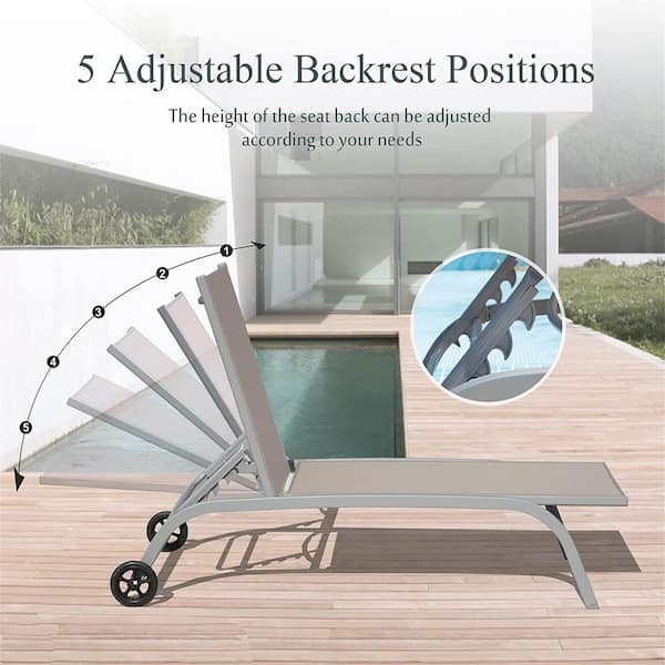 Adjustable Chaise Lounge Aluminum Outdoor Lounge Chair with Wheels Pool Lounge Chairs in Khaki Set of 2