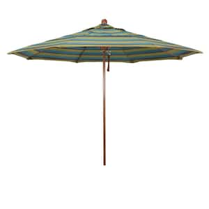 11 ft. Woodgrain Aluminum Commercial Market Patio Umbrella Fiberglass Ribs and Pulley Lift in Astoria Lagoon Sunbrella