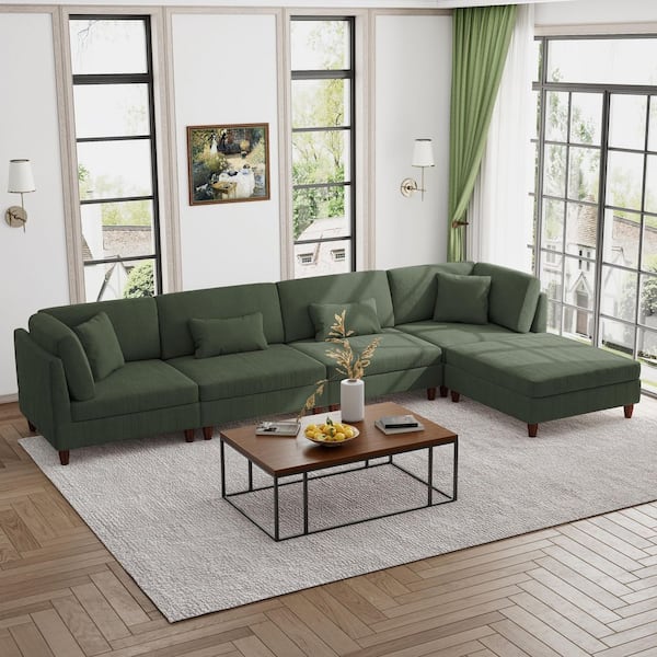 112.1 in. Straight Arm 5-Piece Corduroy Upholstered Modular Free Combination Sectional Sofa in Green with Ottoman