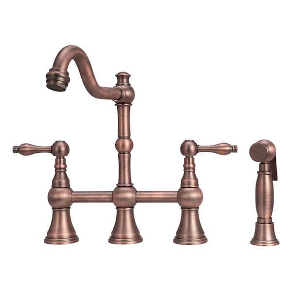 Akicon 2-Handles Bridge Kitchen Faucet with Side Spray in Brushed Antique Bronze