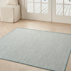 Courtyard Ivory/Aqua 4 ft. x 4 ft. Square Solid Geometric Contemporary Indoor/Outdoor Area Rug