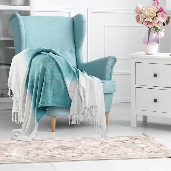 Unbranded Shibori Angel 50 in. x 60 in. Blue/White Tie Dye Fringe All Natural Cotton Throw Blanket