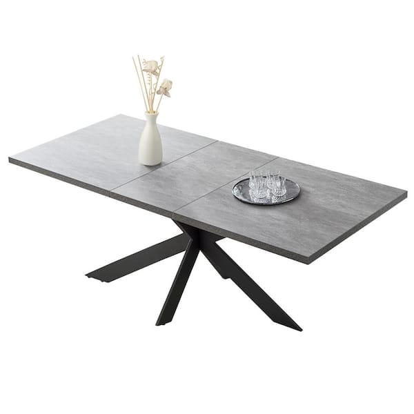GOJANE Extendable Rectangle Modern Gray MDF 78.7 in. X-Type Carbon Steel Legs Dining Table (Seats 6-8)