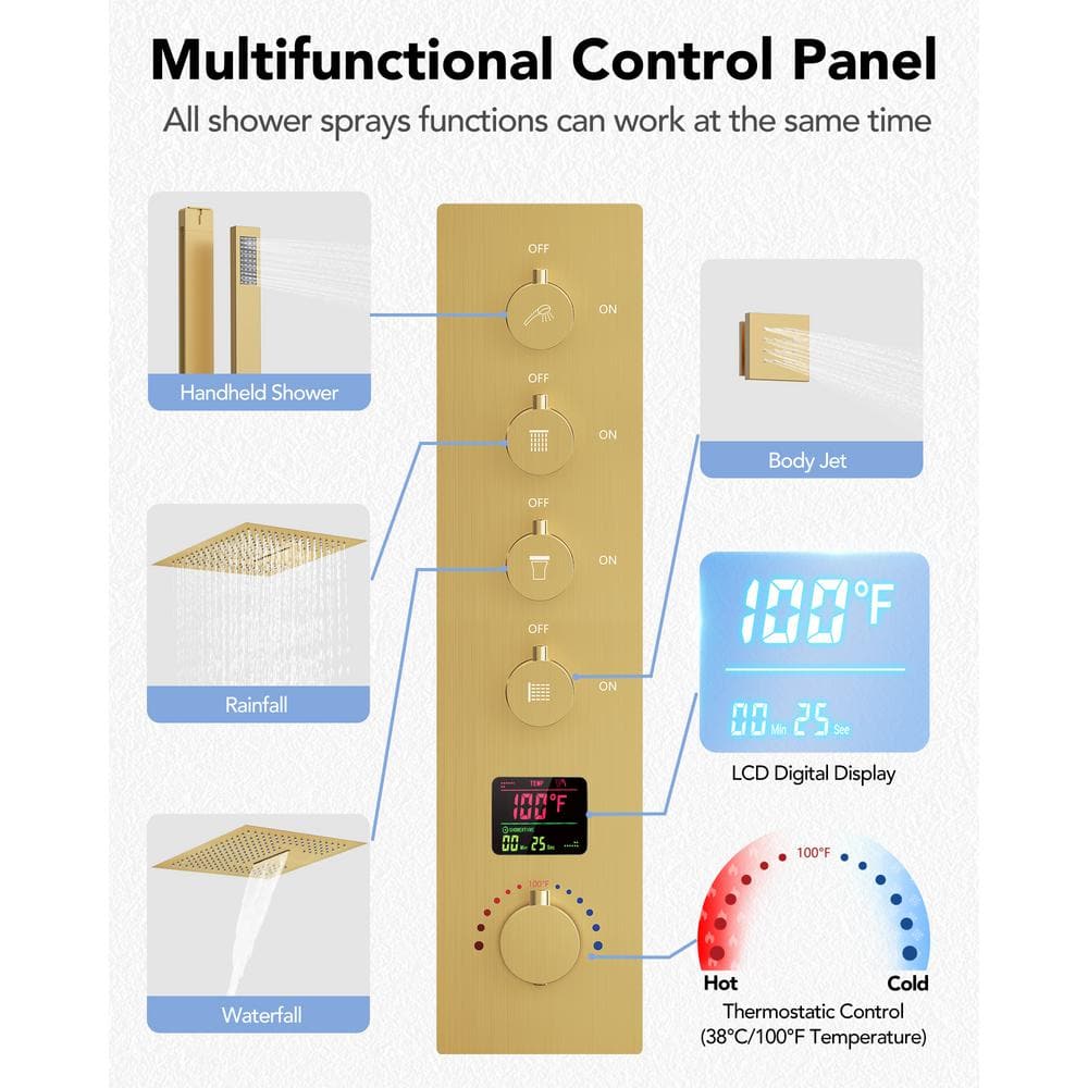 Large Brushed Gold LED Ceiling Mount Shower System
