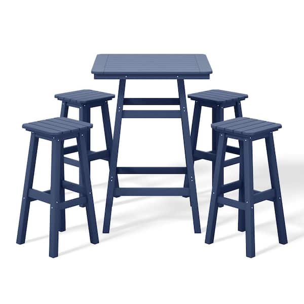 WESTIN OUTDOOR Laguna 5-Piece Fade Resistant HDPE Plastic Outdoor Patio Square Bar Height Pub Set, Matching Barstools in Navy Blue