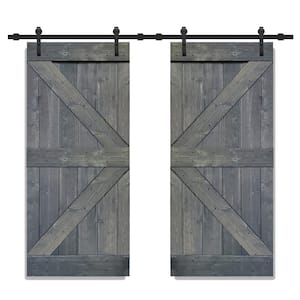 K Series 72 in. x 84 in. Gray Stained Solid Knotty Pine Wood Double Interior Sliding Barn Doors with Hardware Kit