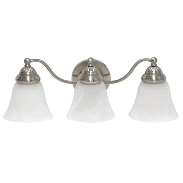 Simple Designs 19.25 in. 3-Light Brushed Nickel Classic Winding Metal and Frosted Marble White Glass Shades Wall Mounted Vanity Light