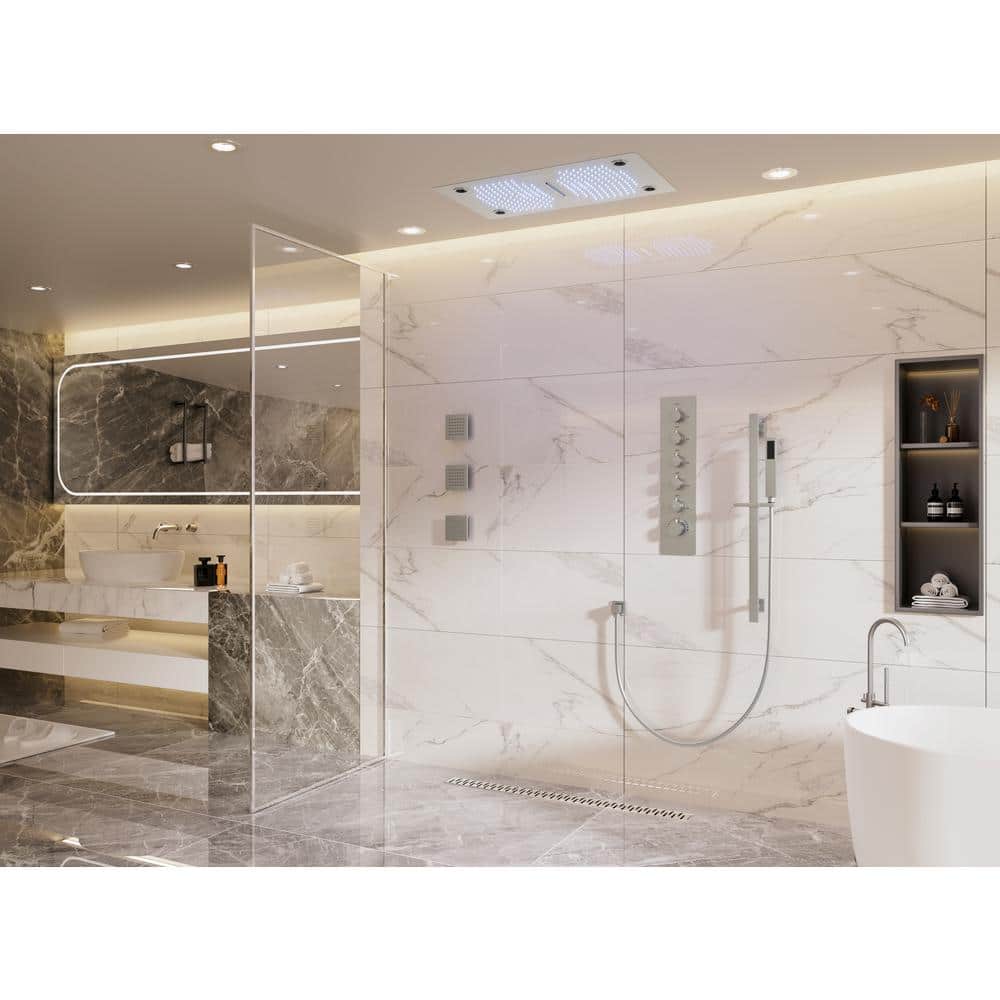 Brushed Nickel LED Ceiling Mounted Dual Shower System with Bluetooth Speaker