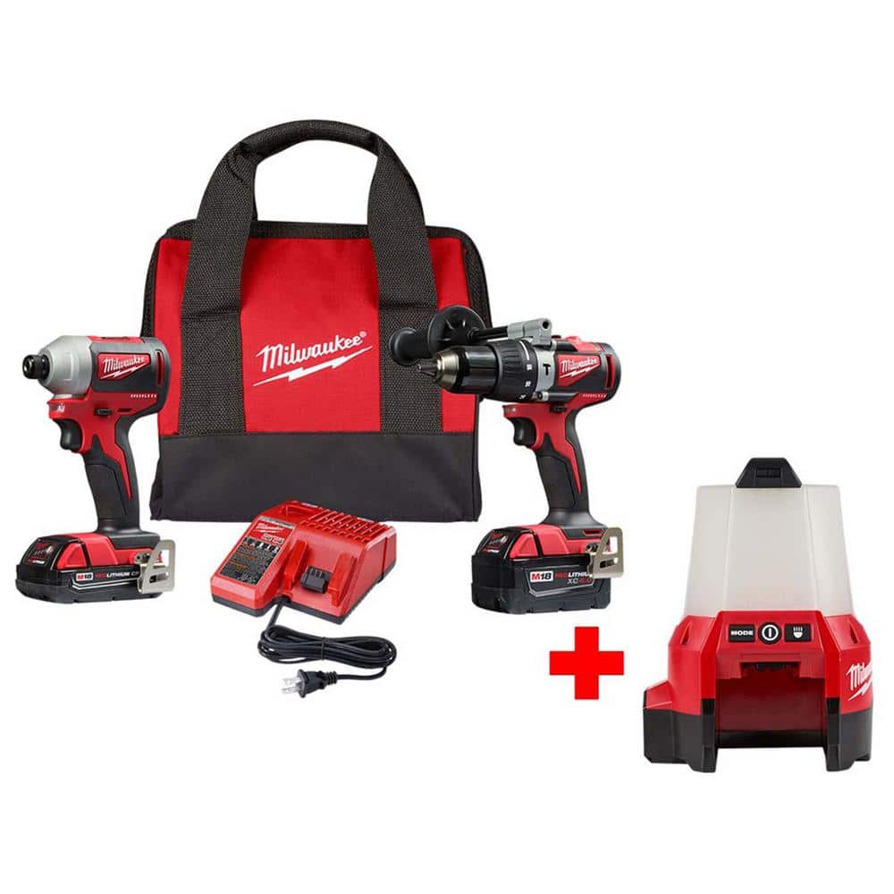 Milwaukee M18 18V Lithium-Ion Brushless Cordless Hammer Drill & Impact Combo Kit with Free M18 Radius LED Compact Site Light -  2893-22CX-2144