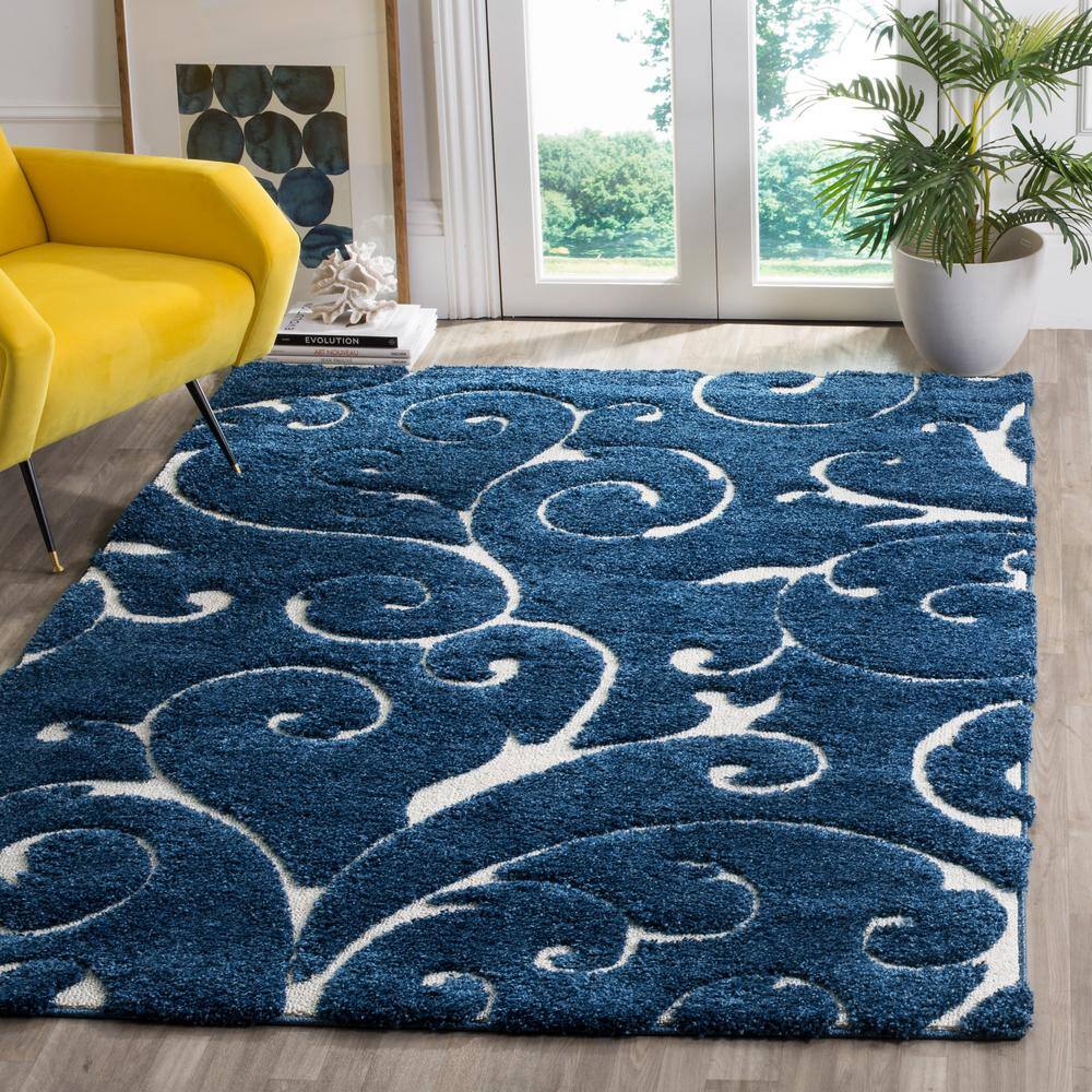 Elegant Dark Blue and Cream Square Synthetic Shag Rug 4' x 4'