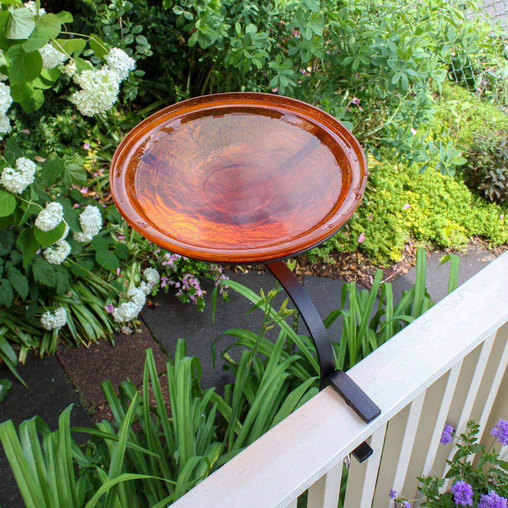 Mandarin Orange 14-Inch Hand Blown Crackle Glass Birdbath with Rail Mount