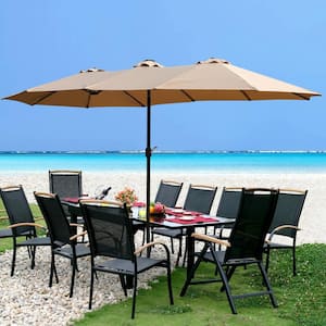 15 x 9 ft. Large Double-Sided Rectangular Outdoor Twin Metal Patio Market Umbrella with light and base in Taupe Brown