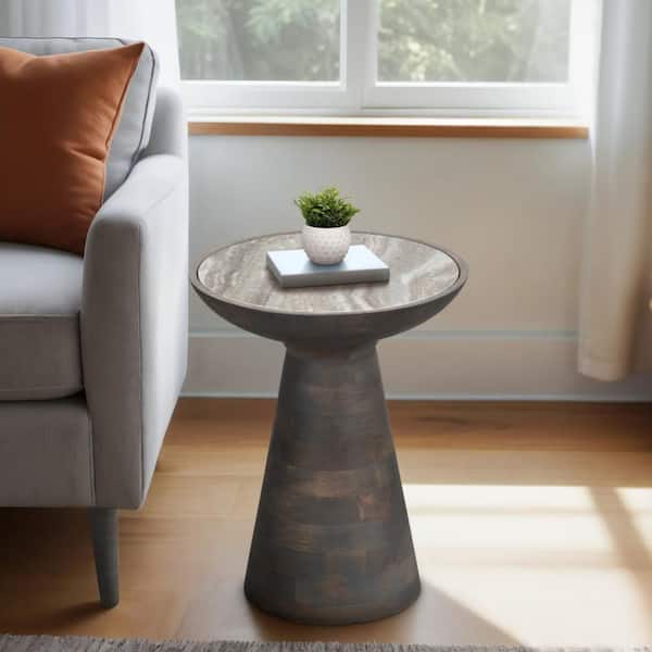 Liv & Skye 16 in. Gray Round Marble Accent Table