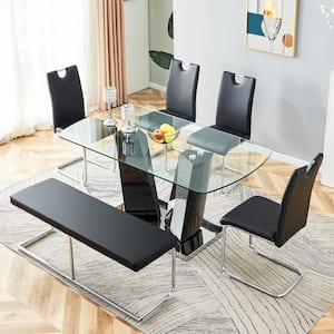 6-Piece Rectangular Tempered Glass Top Dining Table Set Seats 4-6 with 1 Bench, 4 Black Upholstered Chairs