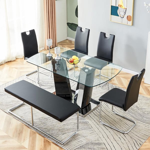 Harper & Bright Designs 6-Piece Rectangular Tempered Glass Top Dining Table Set Seats 4-6 with 1 Bench, 4 Black Upholstered Chairs