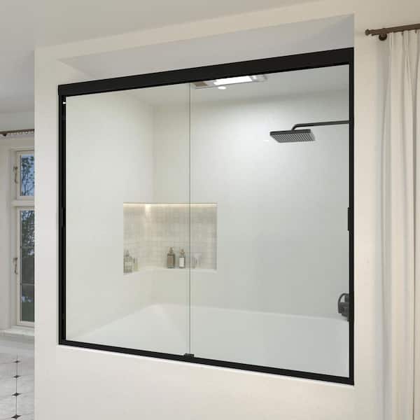 Wish 60 in. W x 56 in. H Sliding Bath Tub Door in Semi Frameless in Matte Black with Clear Glass