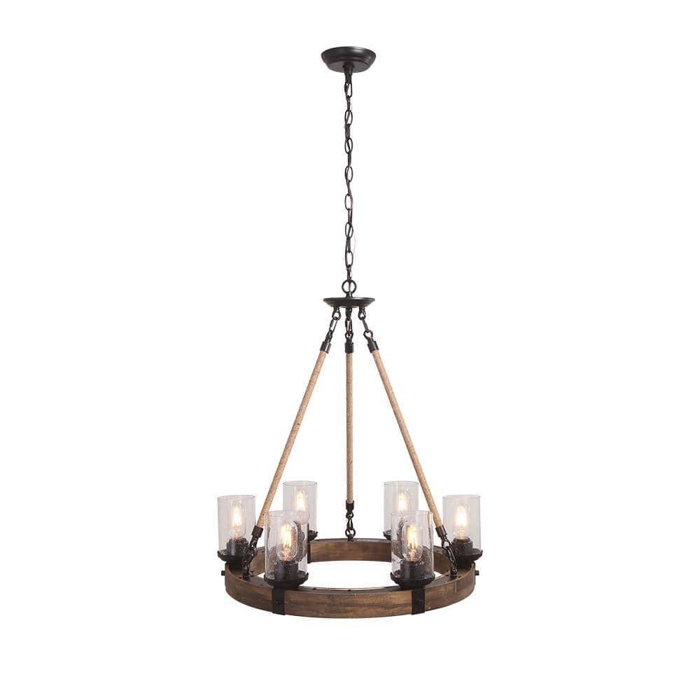 Anillo Farmhouse Black Metal Brown Wood Wagon Wheel 6-Light Rustic Chandelier with Seed Glass Shades for Foyer price history on PriceWatchPro