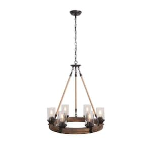 Anillo Farmhouse Black  Metal Brown Wood Wagon Wheel 6-Light Rustic Chandelier with Seed Glass Shades for Foyer