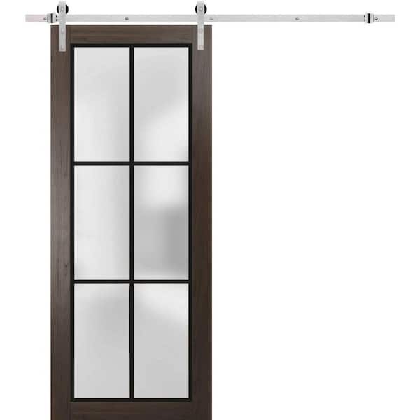 Sartodoors 32 in. x 80 in. 1 Panel Frosted Glass Chocolate Ash Solid Wood Sliding Barn Door with Hardware Kit