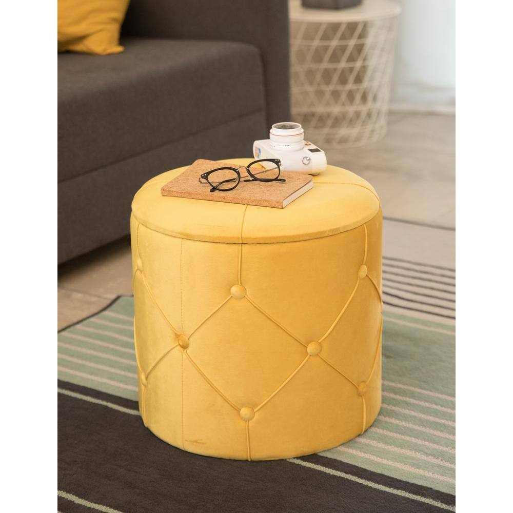 Yellow Round Tufted Velvet Ottoman with Storage