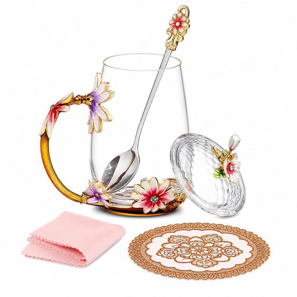 12.5 oz. Clear Glass Tea Cup with Decorative Floral Handle, Lid and Stainless Steel Spoon, Sister
