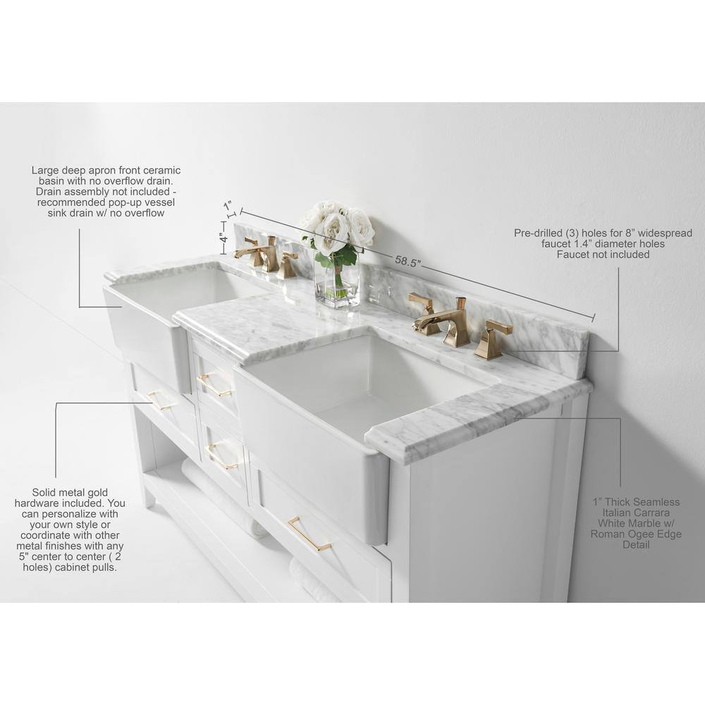 Hayley 60" White Farmhouse Double Basin Wood Vanity Set