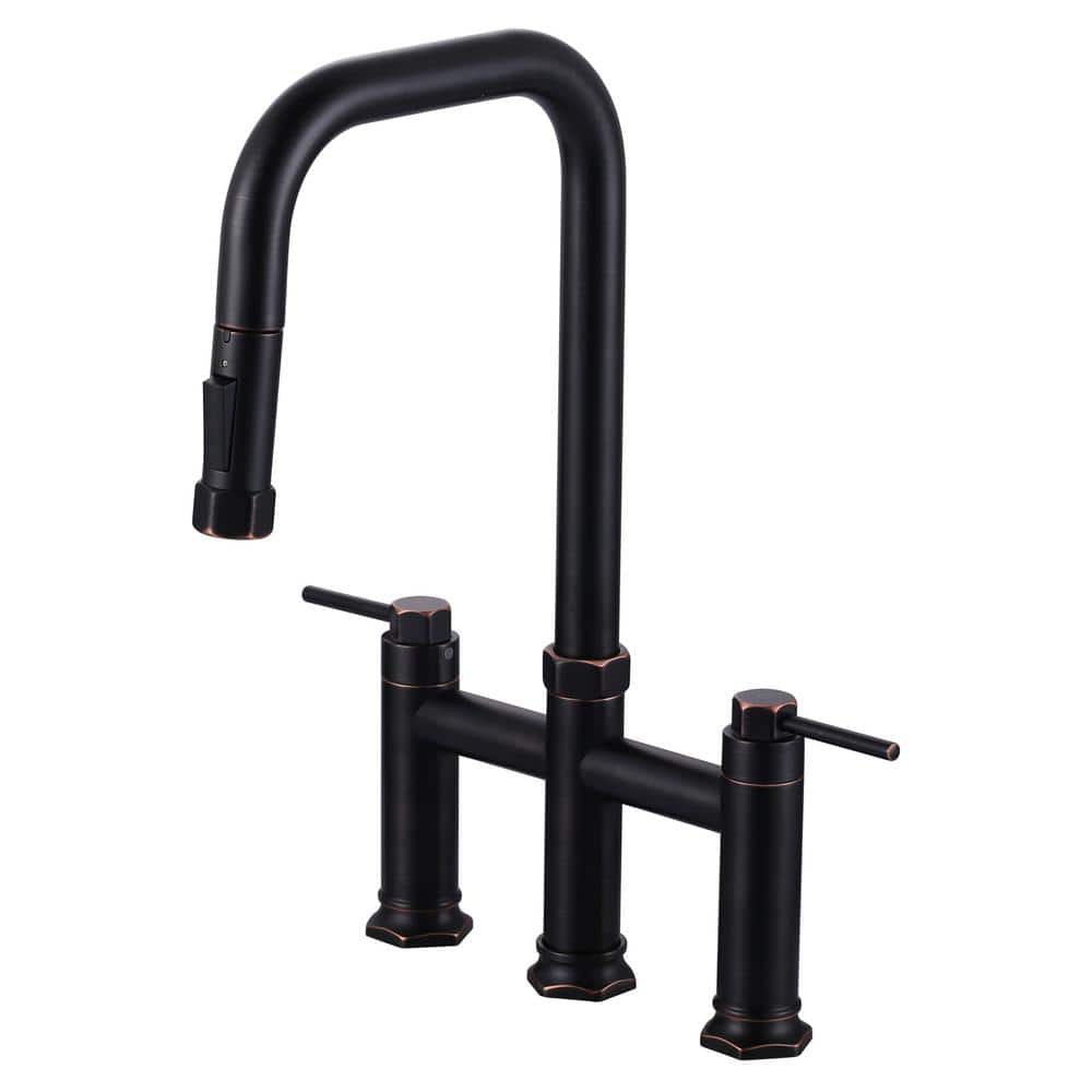 Double-Handle Bridge Kitchen Faucet with Pull-Down Sprayhead and 360° High-Arc Spout in Oil Rubbed Bronze price history on PriceWatchPro