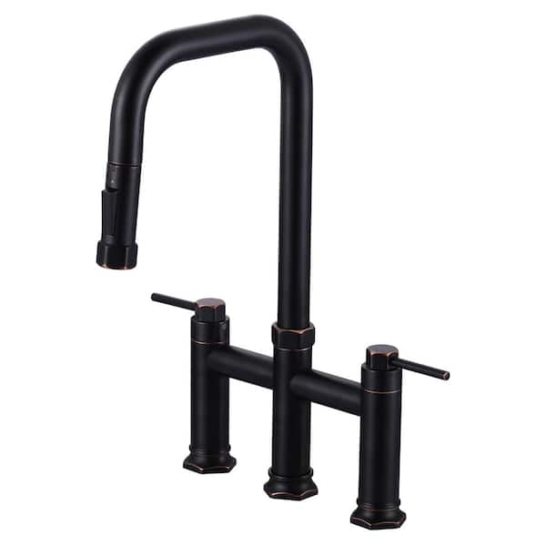 Double-Handle Bridge Kitchen Faucet with Pull-Down Sprayhead and 360° High-Arc Spout in Oil Rubbed Bronze