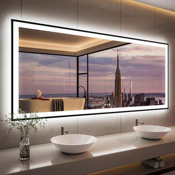 Apmir 88 in. W x 38 in. H Rectangular Space Aluminum Framed Dual Lights Anti-Fog Wall Bathroom Vanity Mirror in Tempered Glass