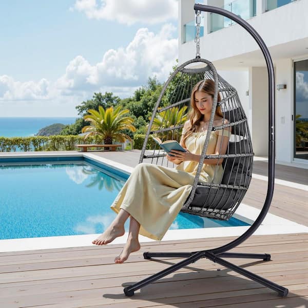Foldable Hanging Egg Chair with Stand Up to 350 lbs. Indoor Outdoor Wicker Egg Swing, All-Weather Rattan Egg Chair