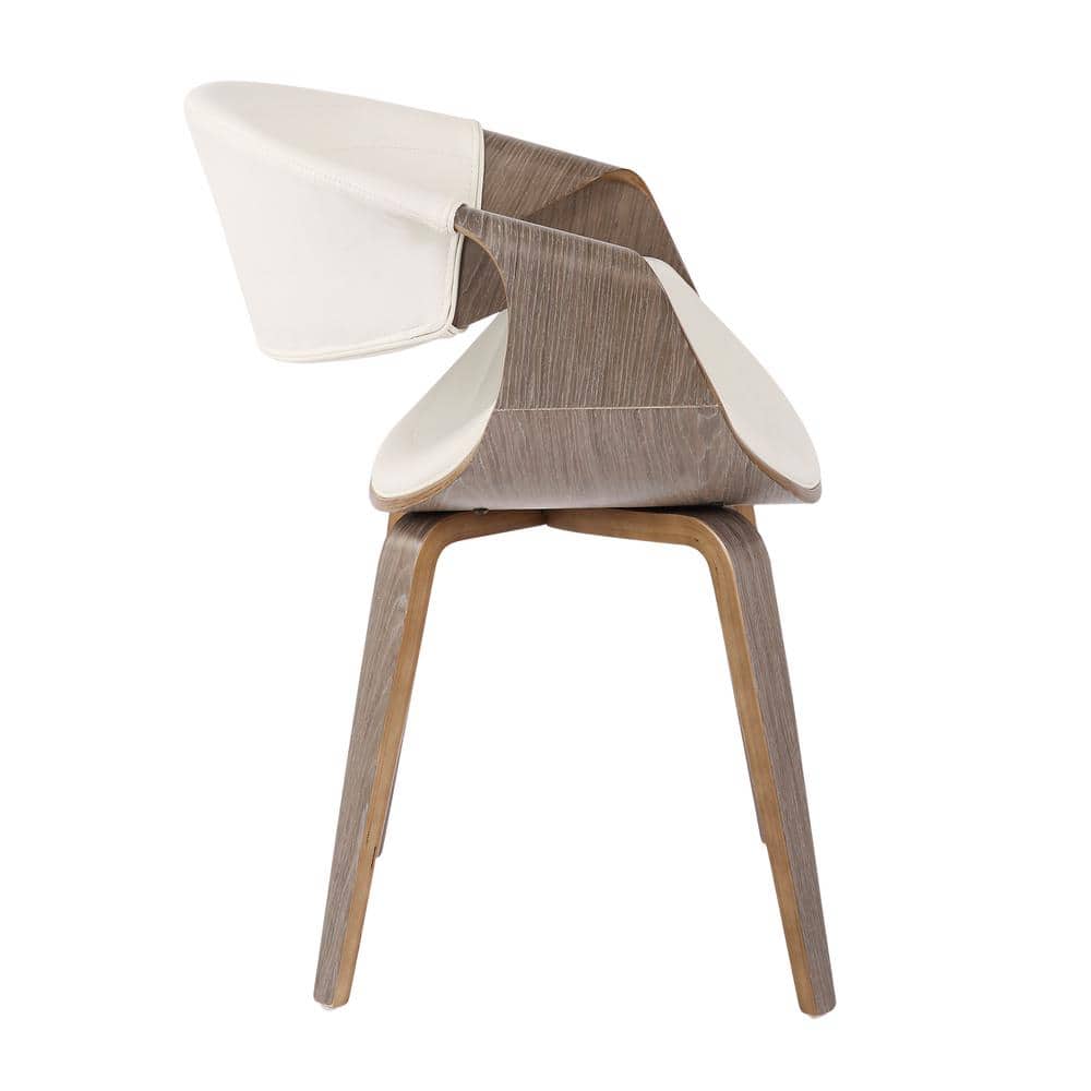 Light Grey Wood and White Faux Leather Mid-Century Arm Chair