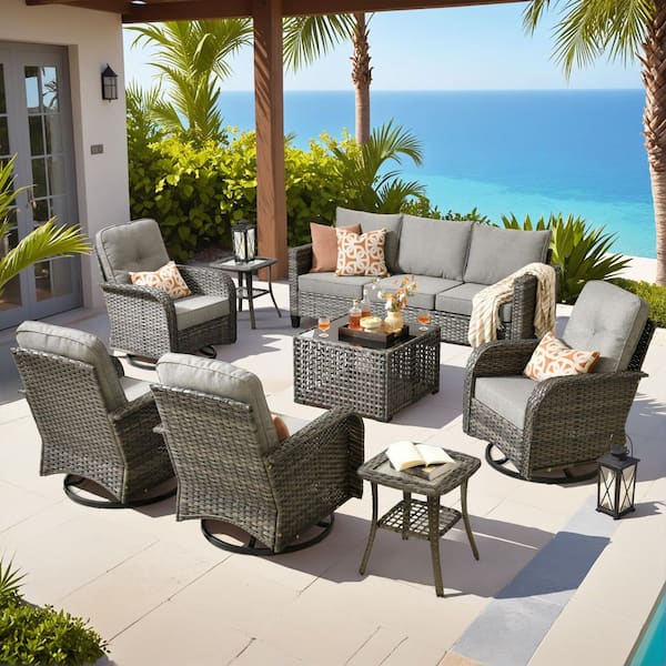 Lotus B 8-Piece Wicker Patio Conversation Seating Set with Swivel Rocking Chairs Coffee Table and Dark Gray Cushions