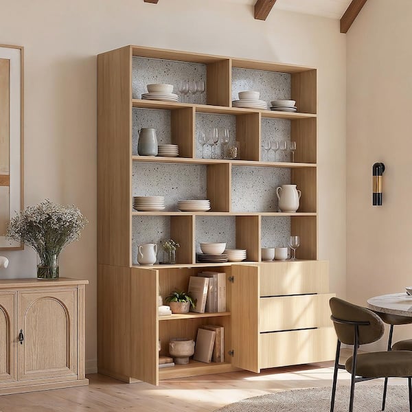Natural Wood 92.5 in. Accent Cabinet Office Storage Cabinet with 10-Shelves, 2-Cabinets, 3-Drawers, LED Lighting