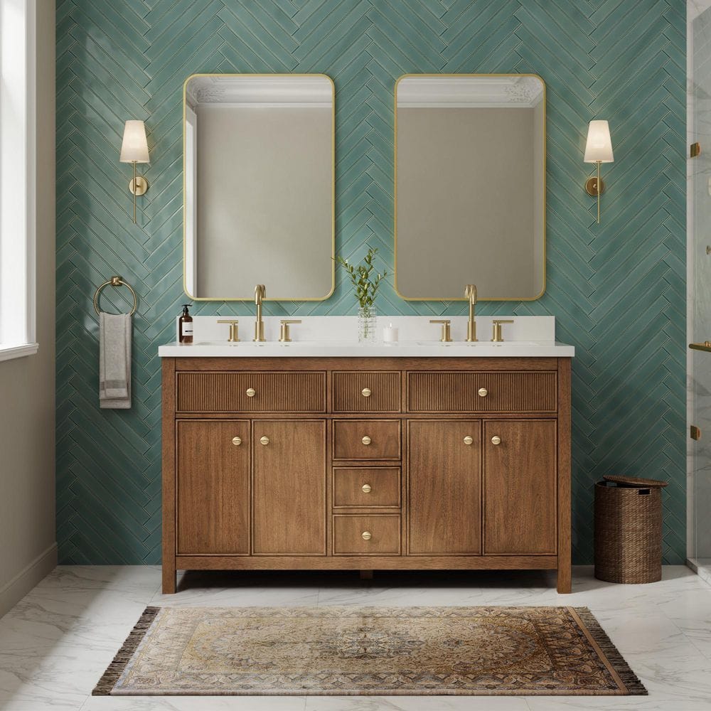 Rian 60 in. Double Freestanding Toasted Walnut with Satin Bronze Trim Bath Vanity with White Quartz Top price history on PriceWatchPro