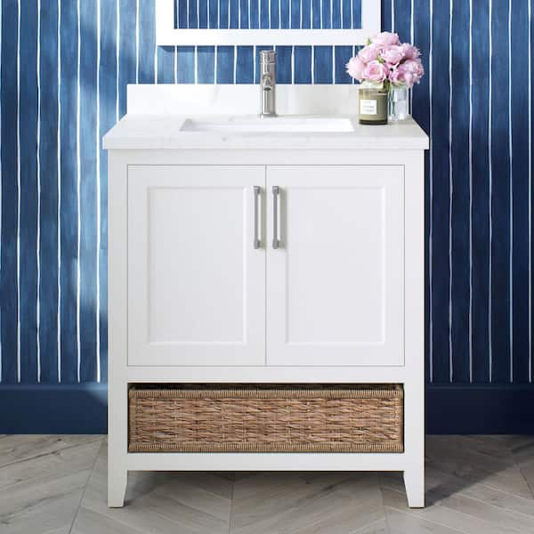 Newhall 30 in. Single Sink White Bath Vanity with White Engineered Marble Top (Assembled)