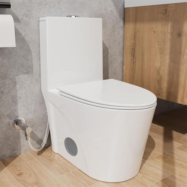 Dual Flush 1.1/1.6 GPF Elongated 1-piece Toilet in Glossy White with Soft Closing Seat Cover