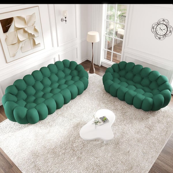 Bubble Armless Couch, Modern (2-Piece) Mesh Fabric Green Living Room Set Curved Floor Sofa for Office Apartment