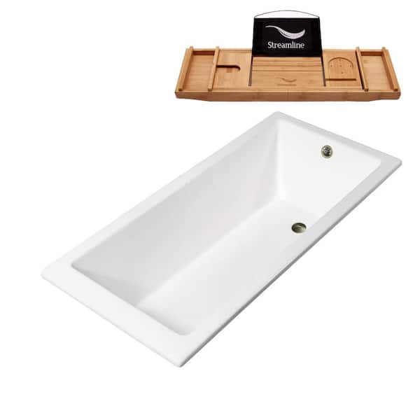 Streamline 67 in. Cast Iron Rectangular Drop-in Bathtub in Glossy White with Brushed Nickel External Drain and Tray