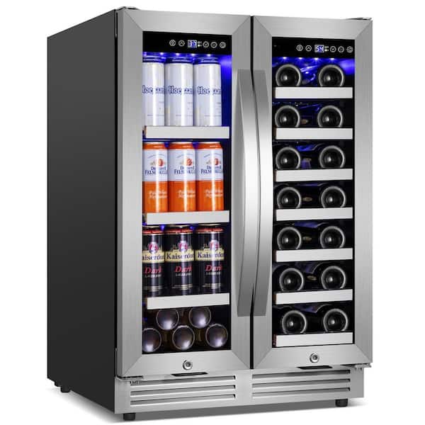 23.47 in. Dual Zone 20-Wine Bottles and 85 Plus Cans Beverage and Wine Cooler in Stainless Steel Four Door Handles