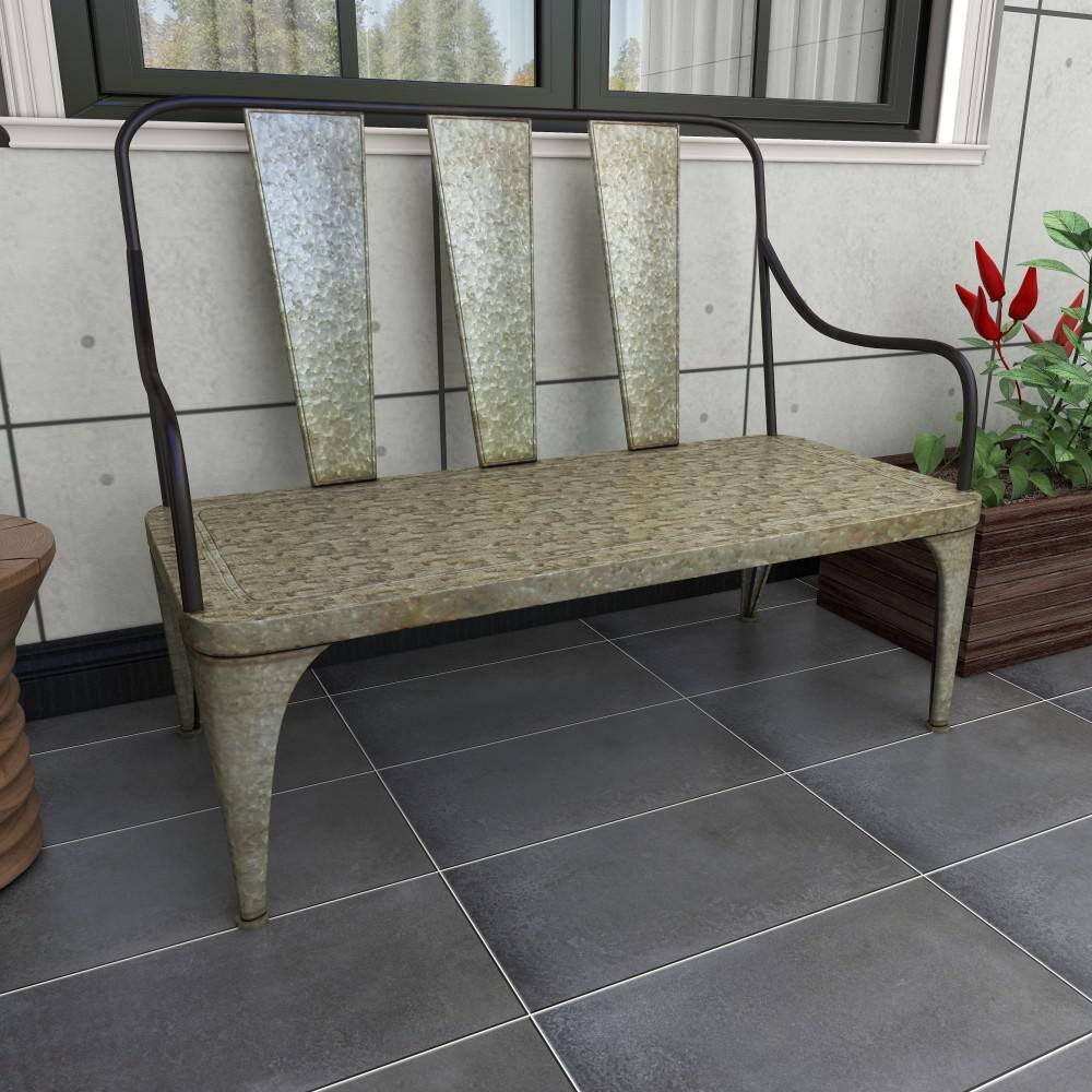 Silver Metal Farmhouse Outdoor Garden Bench, 2-Seater