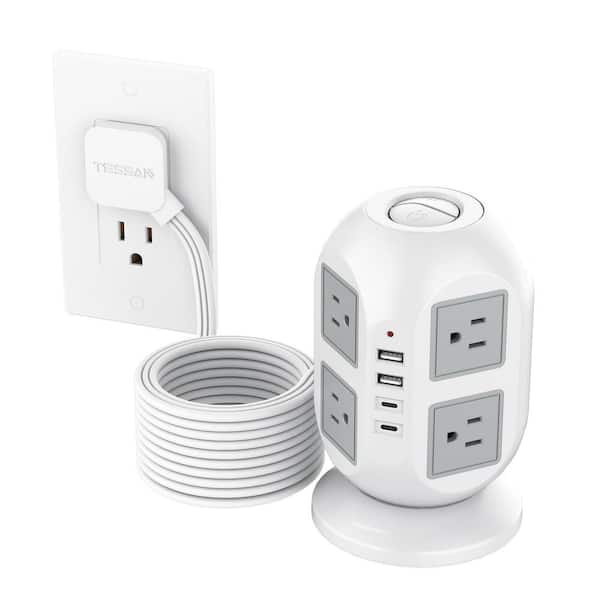 10 ft. Power Strip Tower 8-Outlet AC 1800 Joule Surge Protector Extension Cord with and 4 USB Ports (2 USB C)