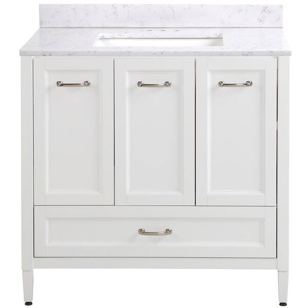 Home Decorators Collection Claxby 37 in. W x 22 in. D Bathroom Vanity in White with Stone Effect Vanity Top in Pulsar with White Sink