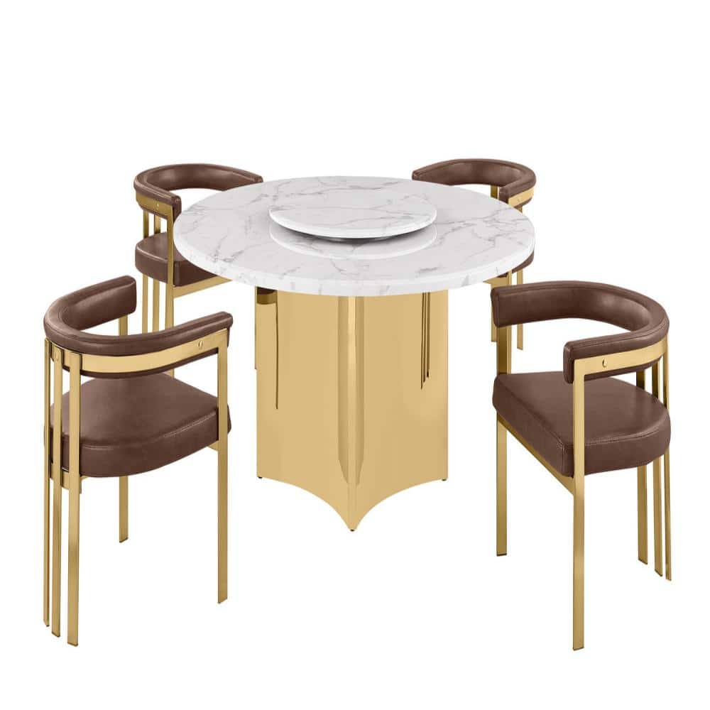 Camryn 5-Piece Round White Marble Top With Lazy Susan Gold Stainless Steel Base Dining Set With 4 Mocha Color Chairs price history on PriceWatchPro