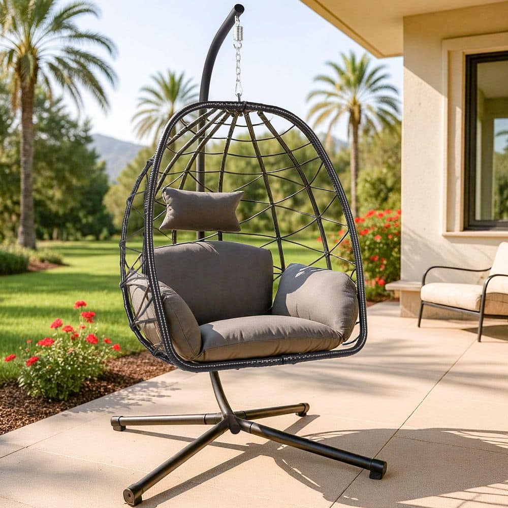 ZZW Egg Chair with Stand Outdoor Gray Wicker Patio Swings with
