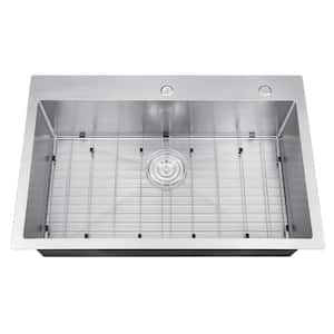 Handmade Stainless steel 33 inch Single Bowl Top Mount Scratch-Resistant Nano Drop-in Kitchen Sink With Bottom Grid