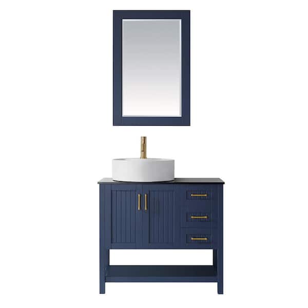 ROSWELL Modena 36 in. Vanity in Blue with Tempered Glass Top in Black with White Vessel Sink and Mirror